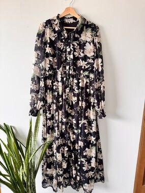 In Loom Chiffon Floral Black Maxi Dress Button Down with Long Sleeves - Lined